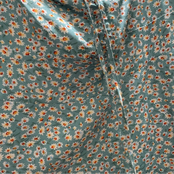 Blue Green Ditsy Floral Print Puff Sleeve Drawstring Self-Tie Ruched Bust Dress - Picture 10 of 16